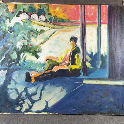 Oil Painting Depicts Person Sitting With Leg Up In Outdoor Setting 