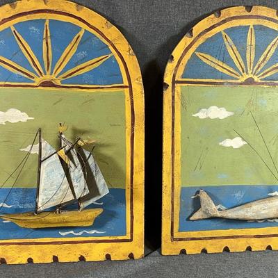 Folk Art Painting Of Whale & Sailboat On Wood (2)