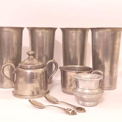 Vintage Pewter Cups With Spoons With Advertising Sugar And Creamer