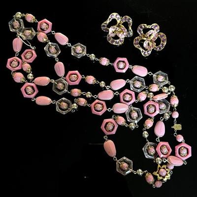 MCM Alice Caviness Beaded Plastic Necklace and Purple Rhinestone Earrings