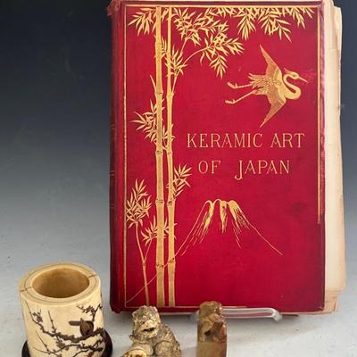 Vintage Japanese Netsukes, Carved Container and Keramic Art Book