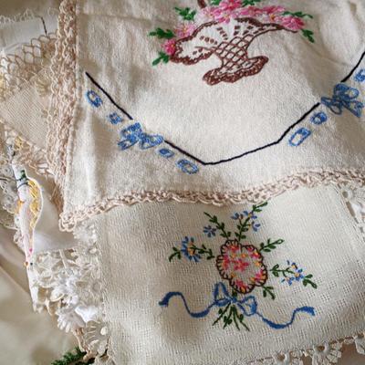 Hand Stitched Linens Including Aprons