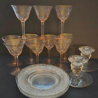 Vintage Gold Rimmed Pale Pink Etched Liquor Glasses, Candlesticks And 6" Etched Plates