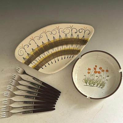 MCM Ceramics with Signed Sascha Dish and Japanese Hor D’Oeuvre Forks 