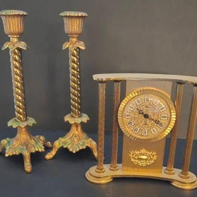 Antique Gilt Cast Bronze Tri Footed Spiral Candlesticks Vintage Day Alarm Clock From France,