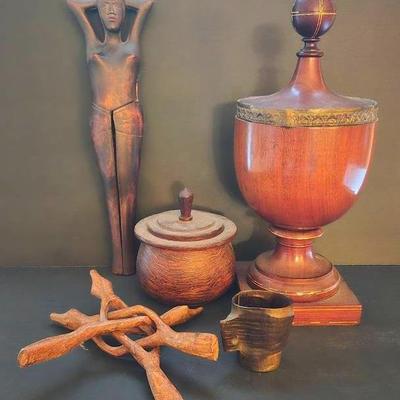 Vintage Hand Carved Wooden Woman Nutcracker, Display Stand, Rustic Bowl, Urn and Handled Wooden Cup