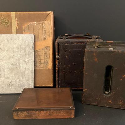 Antique Box Camera With Metal Plates, Parts, Etc