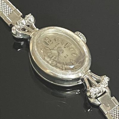 Bulova 14K White Gold Six Diamond Watch, Vintage 