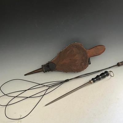 Antique Tryon Carved Wood Bellows, Wire Rug Beater, German Honing Steel