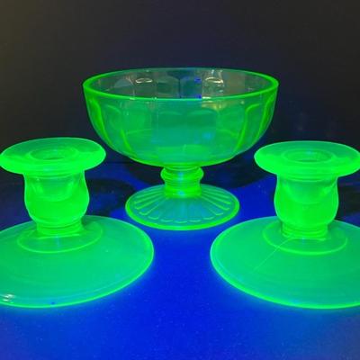 Uranium Glass (3 Pieces) With Dish And Candle Holders