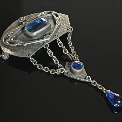Art Nouveau Brass and Glass Dangle Brooch 