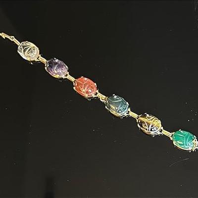 14K Yellow Gold Six Semiprecious Stone Scarab Bracelet 