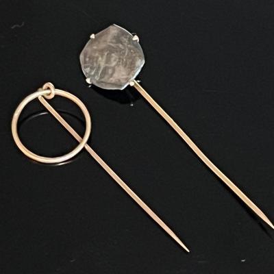 Antique 10K and 14K Yellow Gold Stickpins, 14K with Asian Coin