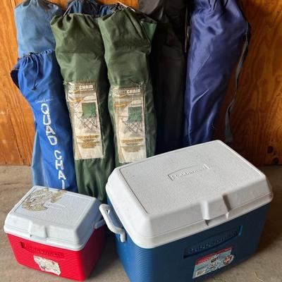 Outdoor Folding/Camping Chairs (8) Plus Pair Of Rubbermaid Coolers