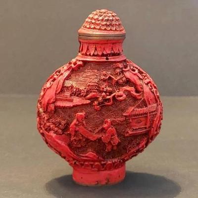 Antique Red Cinnabar Finely Carved Snuff Bottle