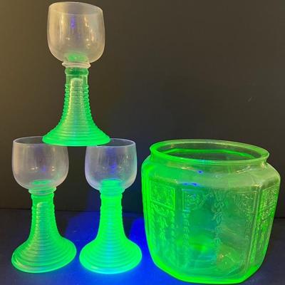 Uranium Glass Biscuit Jar (No Lid), Plus 3 Cordials Glasses (Chipped)