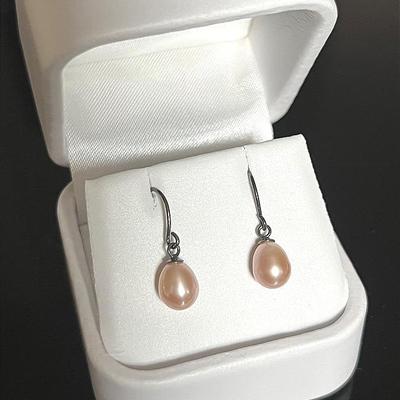 .925 Sterling Silver Genuine Pink Pearl Drop Earrings 