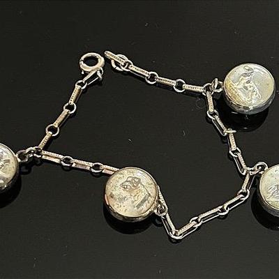 Antique Art Deco Sterling Essex Crystal Intaglio Charm Bracelet with Equestrian and Dog Motifs 
