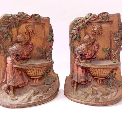 Vintage Pair Of Cast Iron Bookends Depicting Girl At Fountain 