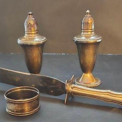 Vintage Crown Weighted Sterling Salt And Pepper, Sterling Handled Knife, Napkin Ring