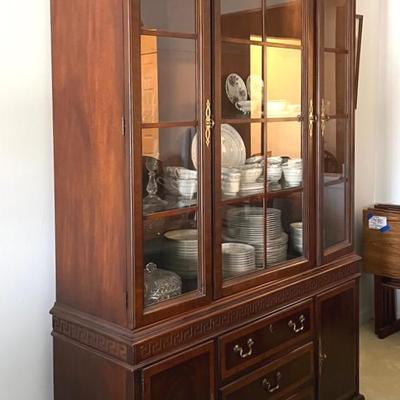 Drexel Mahogany Lighted Breakfront China Cabinet, Two Pieces