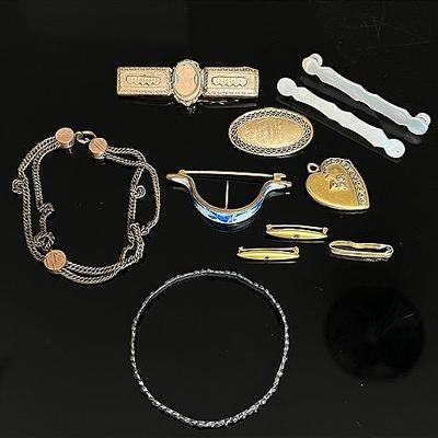 Antique Jewelry with Edwardian 8K Gold Bar Brooch, Lingerie Pins, Enamel Pin, Edwardian Bracelet 