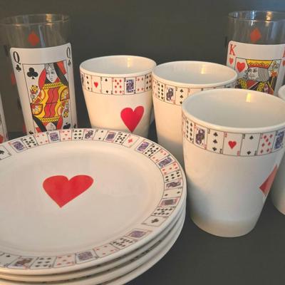 Set Of 4  Hausenware Playing Card Plates, Coffee Mugs And Tumbler Glasses