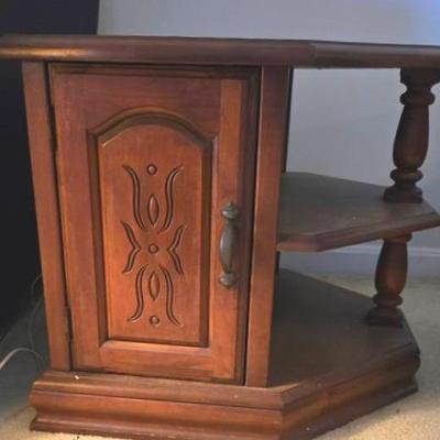 Vintage Wood Side Table with 2 Tier Shelf And Cabinet 