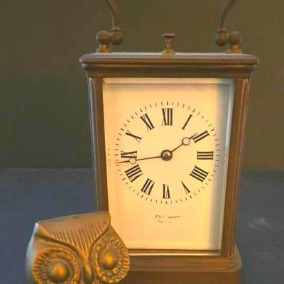 1890s French Carriage Travel Clock, Small Owl Paperweight