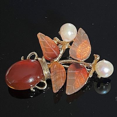 Swoboda SWO Genuine Cultured Pearl Orange Carnelian Agate Brooch