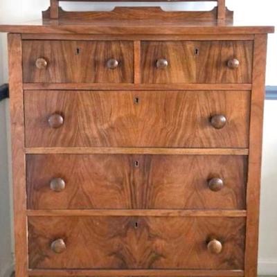 Antique Flame Mahogany Six Drawer Chest With Mirror