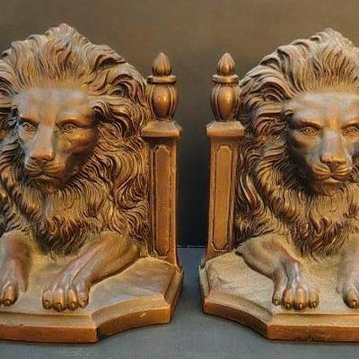 Vintage Lion's Head Bookends In Antique Brass