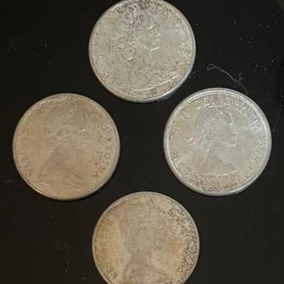Canadian Silver Dollars (4), 1964 (1) + 1965 (3), 80% Silver