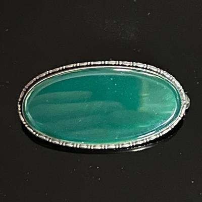 Antique .925 Sterling Silver Green Glass Brooch