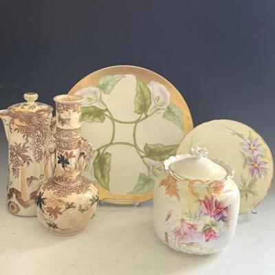Antique China Serveware (5) plus Crystal Depression Era Goblets