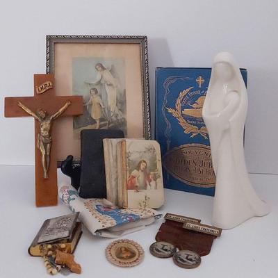 Vintage Religious Collectibles With Cross Stitch Ave Maria Cloth