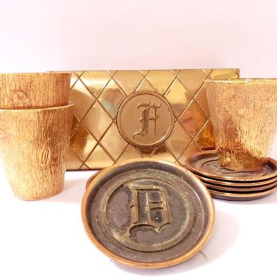 Hyde Park Goldtone Art Deco Cigar Box With Cork Interior And Coasters Plus Gold Tone Glasses