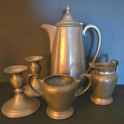 Crescent Pewter Teapot,  Creamer, Bowl And Candlestick Holders