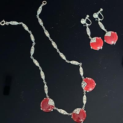 Edwardian Era Glass and Rhinestone Necklace and Drop Earrings