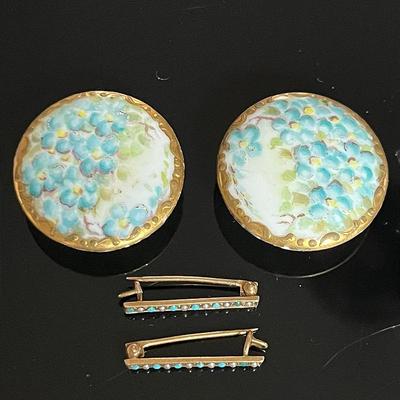 Pair of Edwardian 14K Yellow Gold Lingerie Pins with Seed Pearls and Turquoise Beads plus Buttons