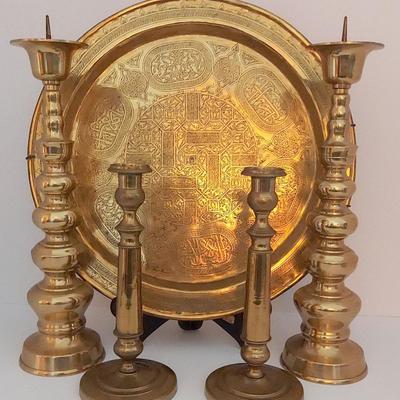 Syrian Brass Decorative Plate With Brass Candleholders