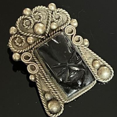 Mexican Silver Black Onyx Brooch, Vintage 