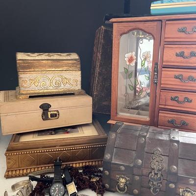 Vintage Jewelry Boxes and Chest with Jewelry 