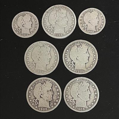Barber Silver Half Dollars (5) 1906-1908 and Barber Silver Quarters (2), 1902 & 1914