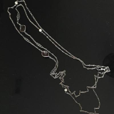1920s Brass Chain Lariat with Amber Glass and Pearl Accents