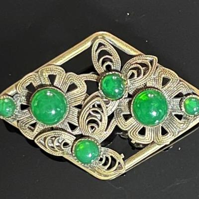 Art Nouveau Brass and Green Glass Brooch