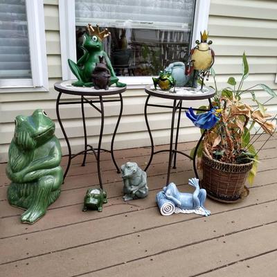 Two Stone Faced Side Tables With Decorative Frog Collection