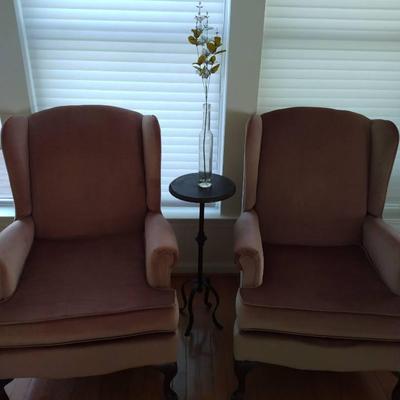 Two Matching Mid Century Vintage Armchairs With Metal Side Table 