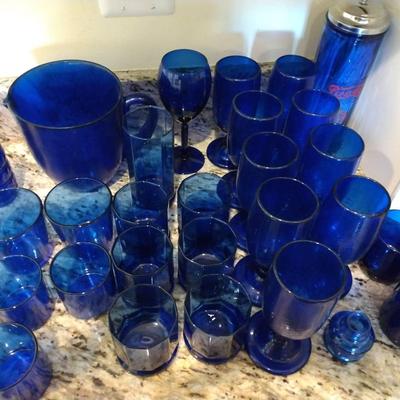 Assortment Of Blue Glassware And Vintage Pepsi Co. Straw Holder