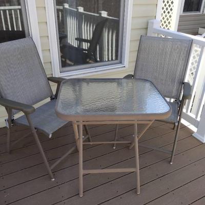 Metal Frame Glass Folding Table With Two Folding Patio Chairs 